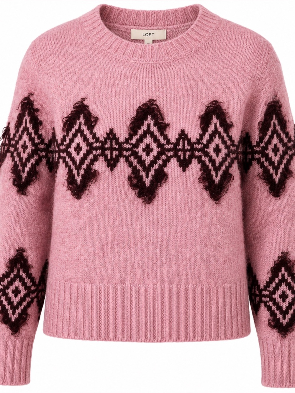 LOFT Pink Fringe Geometric Sweater XS Boho Western Knit